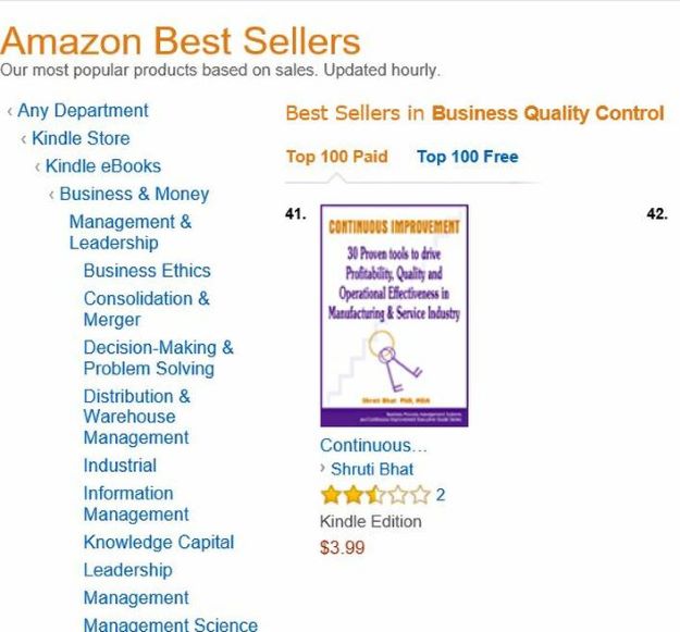 shruti bhat's book on continuous improvement tools hits number 41 on Amazon best-sellers list