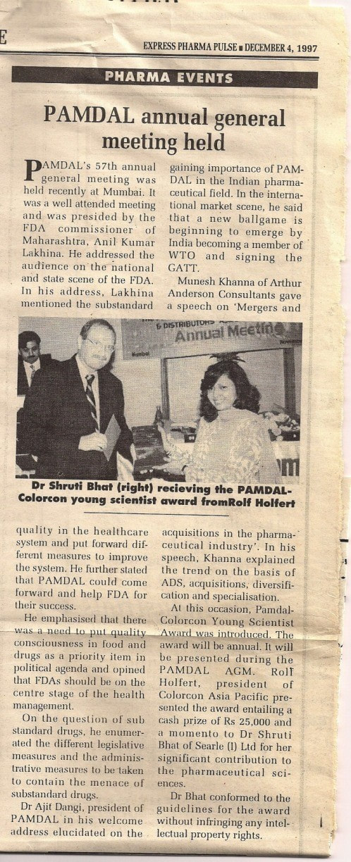 Dr Shruti Bhat receives PAMDAL Young Scientist Award published in Express Pharma Pulse December 1997