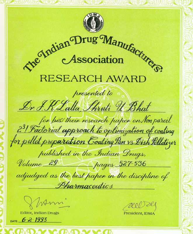 IDMA award 1993 to Dr Shruti Bhat for her work done on applying DOE to product development